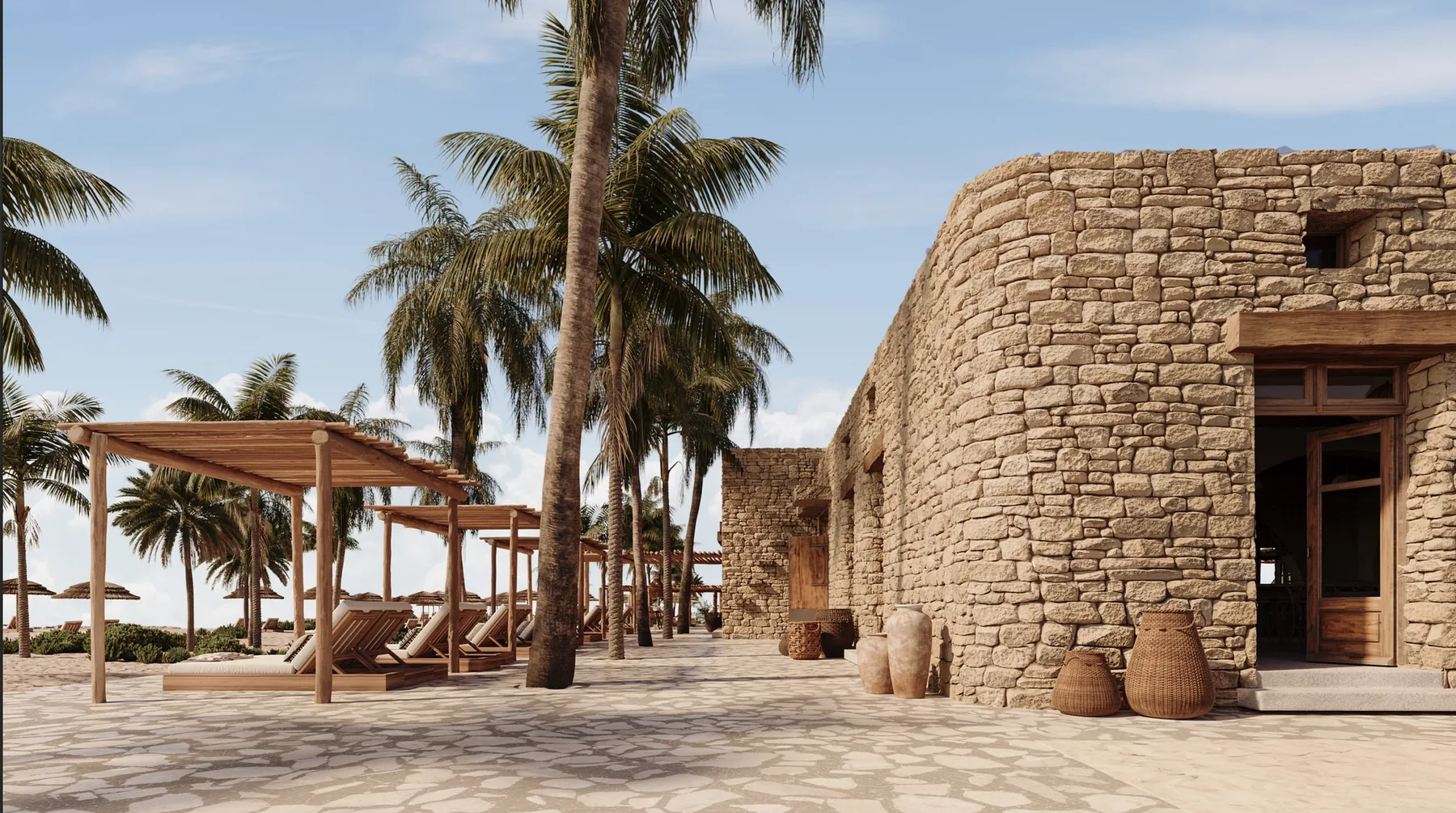 Don Sueño Melasti rendering — stone-walled pavilion with palm-shaded beach loungers