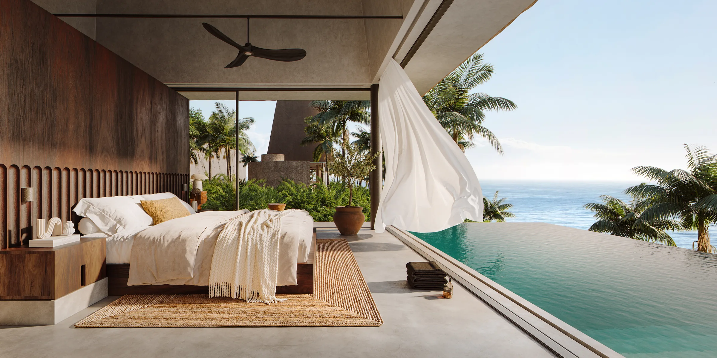 Marakai Pandawa rendering — bedroom pavilion with infinity pool and ocean view